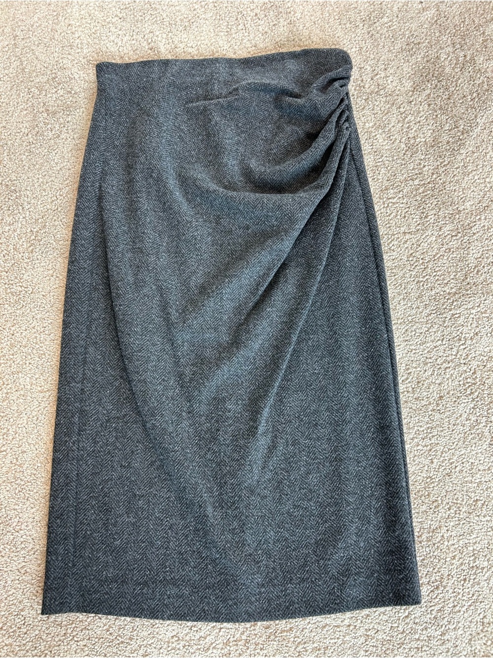 Weekend MaxMara Gray Herringbone Ruched Midi Skirt Career Office Cocktail - Picture 2 of 8